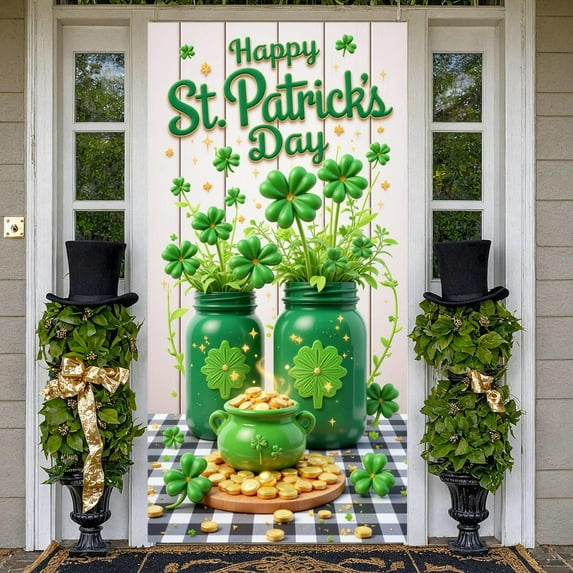 Green Theme St. Patrick's Day Banner Shamrock Pattern Backdrop Gold Coin Decor Lucky Clover Design Clover Background for St. Patrick's Day Party Festival Indoor Decoration