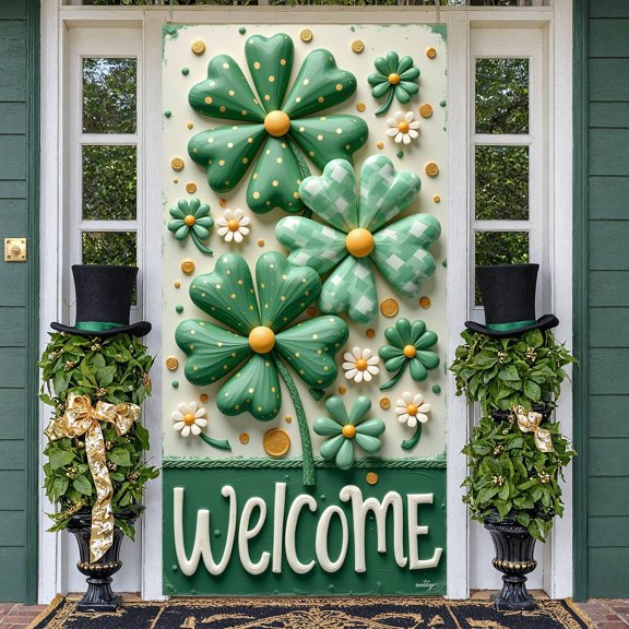 Green Theme St Patrick's Day Banner Shamrock Pattern Blessed Banner Plaid Cross Calligraphy Design Religious Backdrop for St Patrick's Day Religious Gathering Festival Party