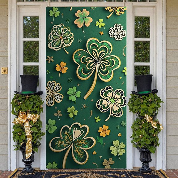 Green Theme St Patrick's Day Banner Shamrock Pattern Blessed Banner Plaid Cross Calligraphy Design Religious Backdrop for St Patrick's Day Religious Gathering Festival Party