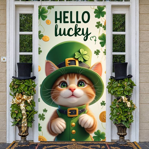 Green Theme St Patrick's Day Banner Shamrock Pattern Blessed Banner Plaid Cross Calligraphy Design Religious Backdrop for St Patrick's Day Religious Gathering Festival Party