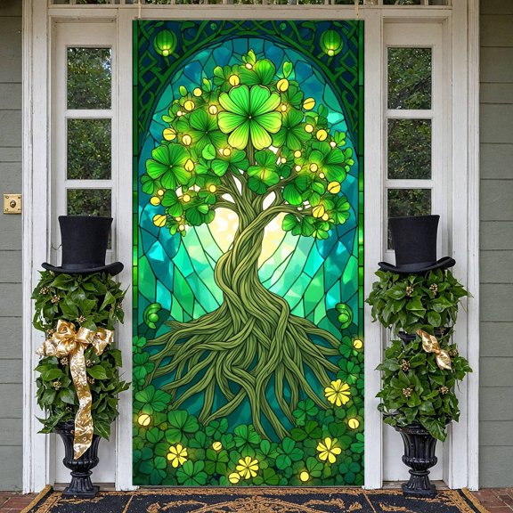 Green Theme St Patrick's Day Banner Shamrock Pattern Blessed Banner Plaid Cross Calligraphy Design Religious Backdrop for St Patrick's Day Religious Gathering Festival Party
