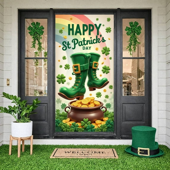Green Theme St. Patrick's Day Banner Shamrock Pattern Festival Display Gold Star Accent Decorative Eggs Clover Backdrop for St. Patrick's Day Party Celebration Pub Event