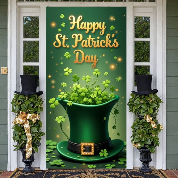 Green Theme St. Patrick's Day Banner Shamrock Pattern Happy St. Patrick's Display Gold Lettering Leprechaun Hat Design Clover Theme Backdrop for St. Patrick's Day Party Festival Indoor Decoration