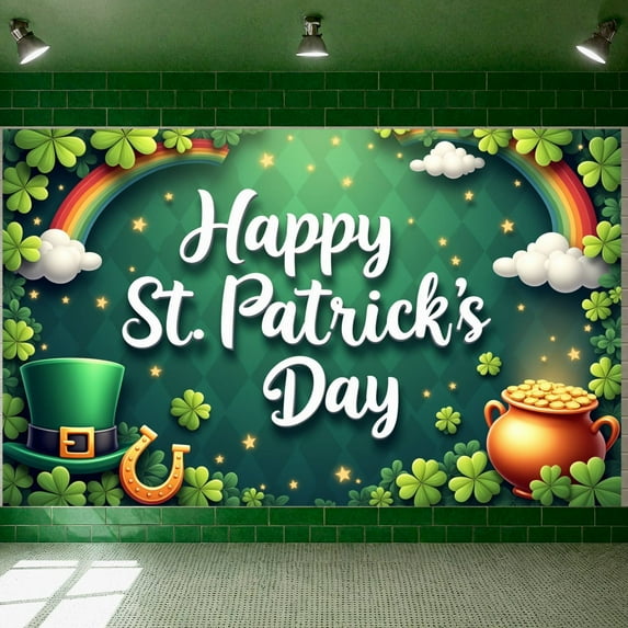Green Theme St. Patrick's Day Banner Shamrock Pattern Happy St. Patrick's Display Rainbow Accent Pot of Gold Design Shamrock Backdrop for St. Patrick's Day Party Celebration Indoor Decoration