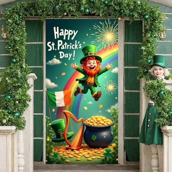Green Theme St. Patrick's Day Banner Shamrock Pattern Irish Festival Display Gold Coins Design Beer Mug Leprechaun Backdrop for St. Patrick's Day Party Irish Celebration Pub Event