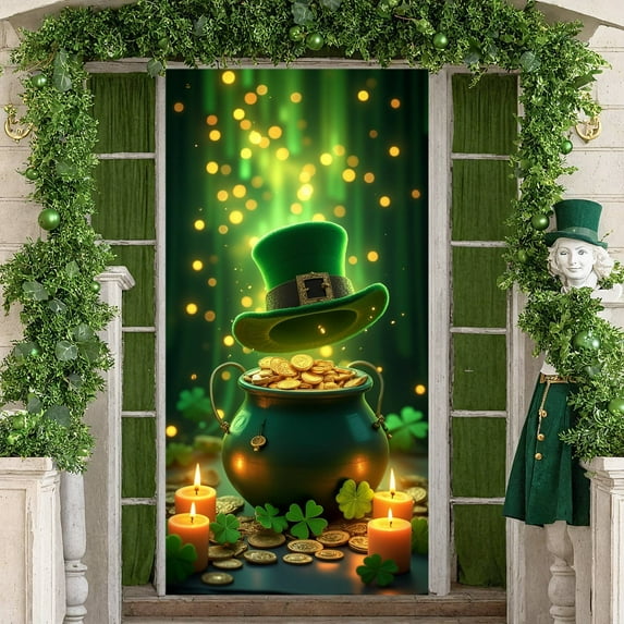 Green Theme St. Patrick's Day Banner Shamrock Pattern Irish Festival Display Gold Coins Design Beer Mug Leprechaun Backdrop for St. Patrick's Day Party Irish Celebration Pub Event