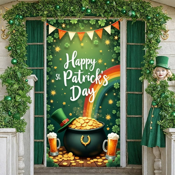 Green Theme St. Patrick's Day Banner Shamrock Pattern Irish Festival Display Gold Coins Design Beer Mug Leprechaun Backdrop for St. Patrick's Day Party Irish Celebration Pub Event