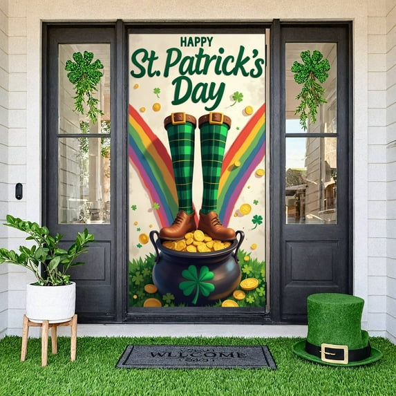 Green Theme Welcome Banner Gold Heart Pattern Gnome Backdrop Sunflower Design Clover Sunflower Background for Home Decoration Spring Celebration Welcome Event
