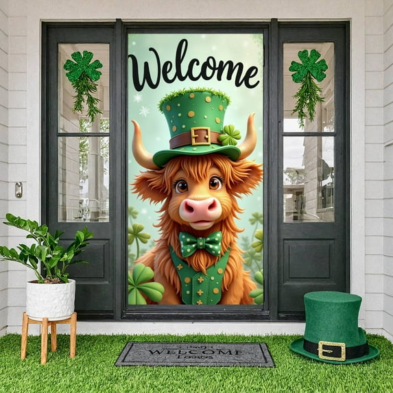 Green Theme Welcome Banner Gold Heart Pattern Gnome Backdrop Sunflower Design Clover Sunflower Background for Home Decoration Spring Celebration Welcome Event