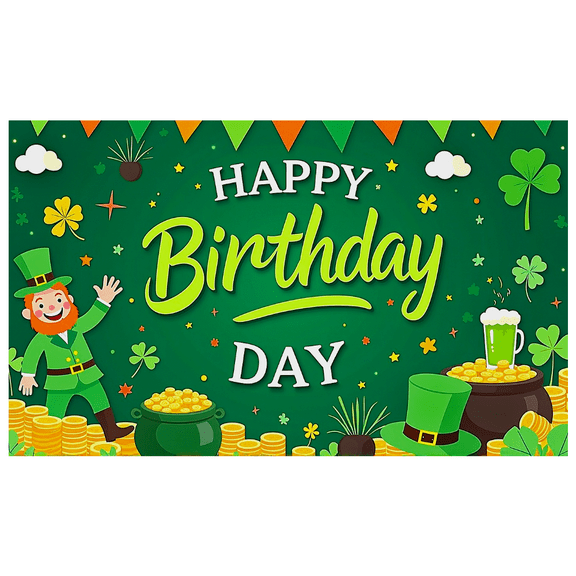 Green Themed Happy Birthday Banner with Leprechaun Clover Gold Elements Party Decoration Backdrop for Birthday Party Celebrations Photography Props Decorations