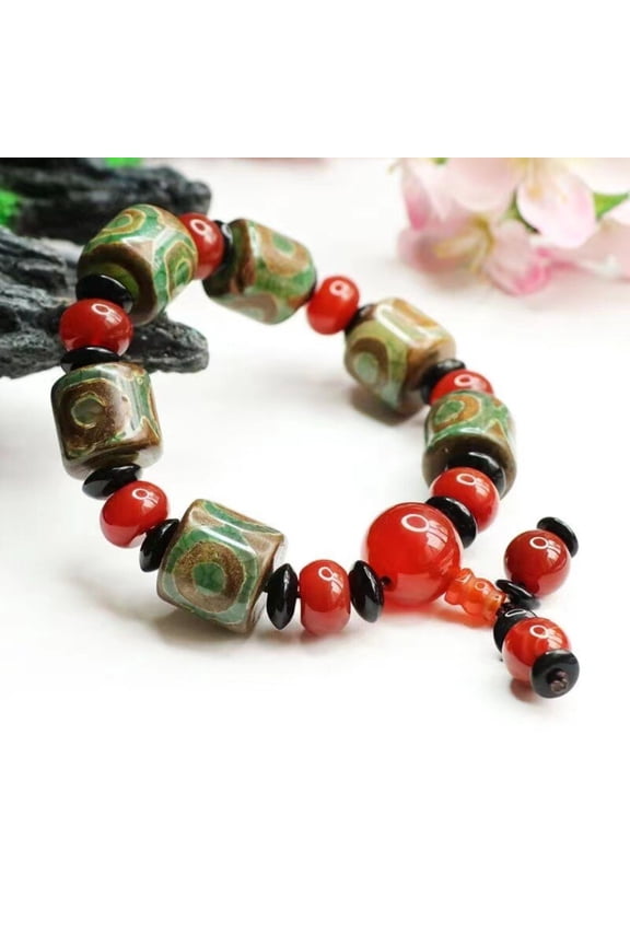 Green Three Eye Dzi Bead Bracelet Red Barrel Beads Tibetan Style Mala Amulet Protection Jewelry for Men Women Meditation