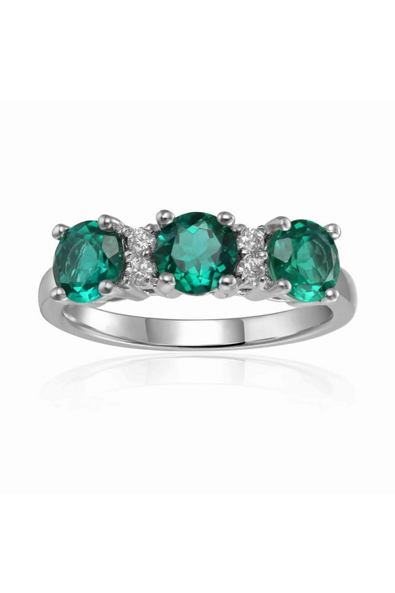 Green Three Stone Emerald Moissanite Accents Ring for Women - 925 Sterling Silver May Birthstone Ring Gifts For Her
