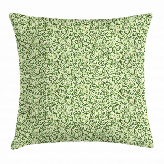 Green Throw Pillow Cushion Cover, Swirled Curly Abstract Leaves with Damask Influences Ornate Vintage, Decorative Square Accent Pillow Case, 20 X 20 Inches, Fern Green Pale Green Cream, by Ambesonne