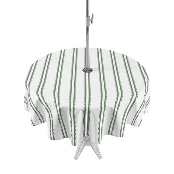 Green Ticking Stripe Outdoor Round Tablecloth with Umbrella Hole 60", Minimalist Vertical Lines White Waterproof Zippered Table Cloth Wrinkle Free Wipeable Desk Covers for Patio Party