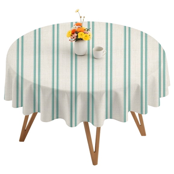 Green Ticking Stripe Round Tablecloth 54 inches Farmhouse Vertical Lines Khaki Waterproof Oil-Proof Table Cloth Round Table Cover for Holiday Party Picnic Dinner Decor Indoor and Outdoor Use