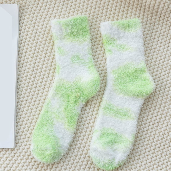 Green Tie Dye Fuzzy Socks for Women - Soft Warm Fluffy Crew Socks, Cozy Lounge Non-Slip House Socks, One Size Fits Most,Size Free Size