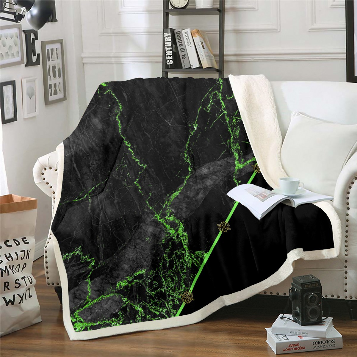 Green Tie Dye Sherpa Blanket Black Grey Gradient Ombre Blanket