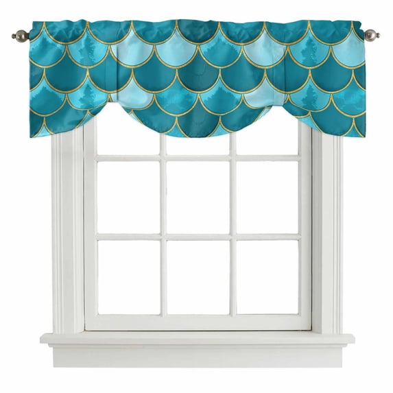 Green Tie Up Valance Curtains for Windows, Kitchen Curtains Window Treatments, Modern Geometric Fish Scale Abstract Moroccan Short Window Shades Valances for Bedroom Bathroom Cafe 54"x18"
