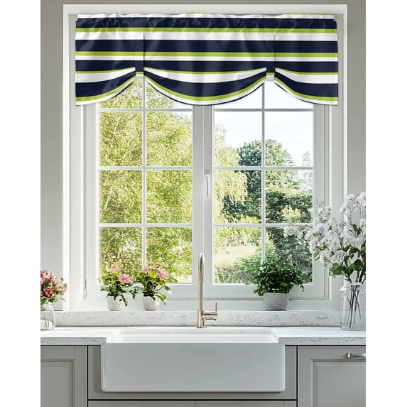 Green and Tie Up Valances Curtain, Adjustable Kitchen Navy Blue Stripe Abstract Geometric Stripes Valances for Windows Decor, Rod Pocket Short Curtains Set for Bedroom/Bathroom, 42"x18"