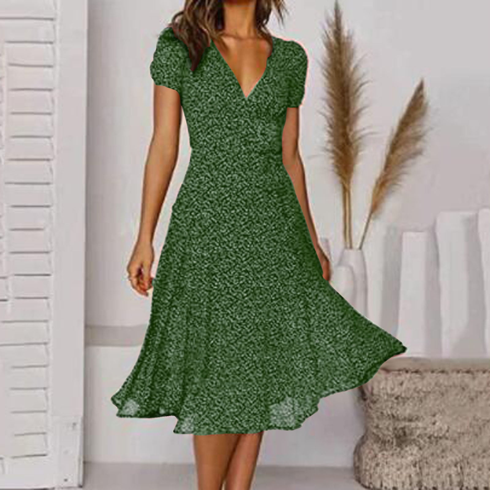 Green Tiered Dress Women Short Sleeve Women Dresses Summer Polyester Business Casual Dress for Women Women Casual Dress Summer V Neck Solid Color Polka Dot Print Short Sleeve Lace Up Tie