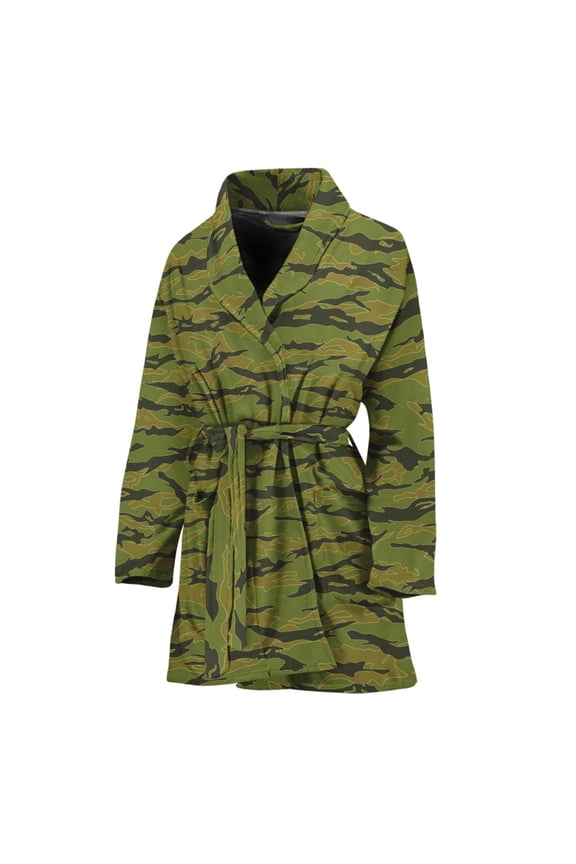 Green Tiger Stripe Camo Pattern Women Bathrobe One Size Univeral Fits, Tiger Wide Animal Fashion Lightweight Plush Fleece Long Robe For Women