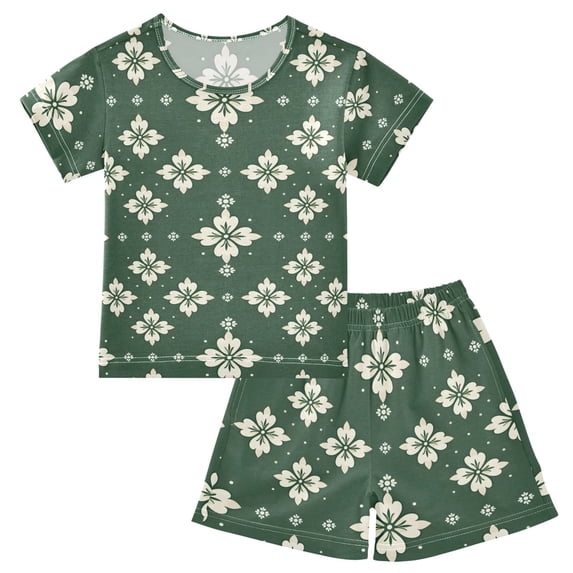 Green Tile Pattern Summer Pajama Set Soft Cotton Short Sleeve Sleepwear 2PCS Pajama Sets Breathable Lounge Set Size 5Y