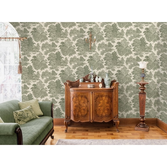 Green Timeless Garden Toile Print Non Woven Non-Pasted Textured Wallpaper 57 Sq. Ft.