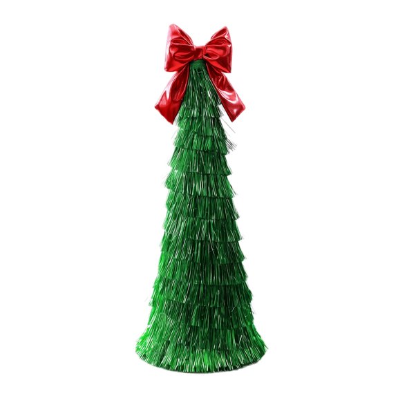 Green Tinsel Cone Christmas Tree with Large Red Bow, Tabletop Artificial Xmas Tree Decor, Shiny Metallic Fringe Christmas Ornament for Home Mantel Party Holiday Decor