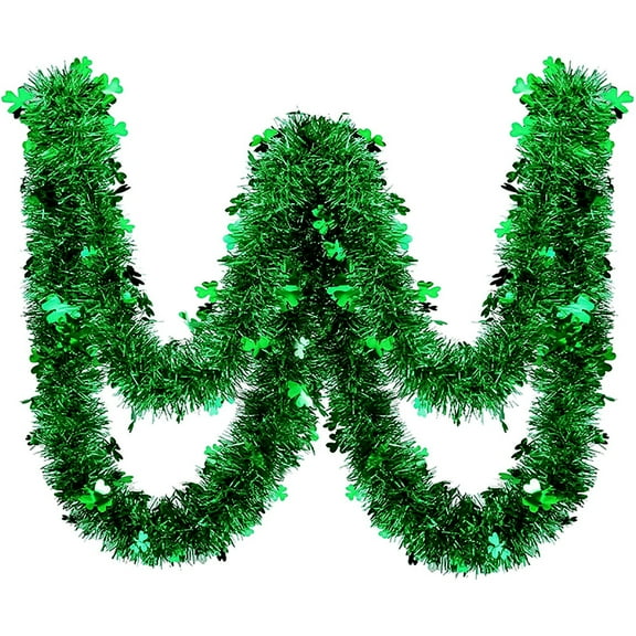 Green Tinsel Garland for St. Patrick's Day Decorations,Shamrock Wreath, Wire Circle Garland, Leprechaun Hat ,Metallic Tinsel Twist Garland for Lucky Irish Themed Parties