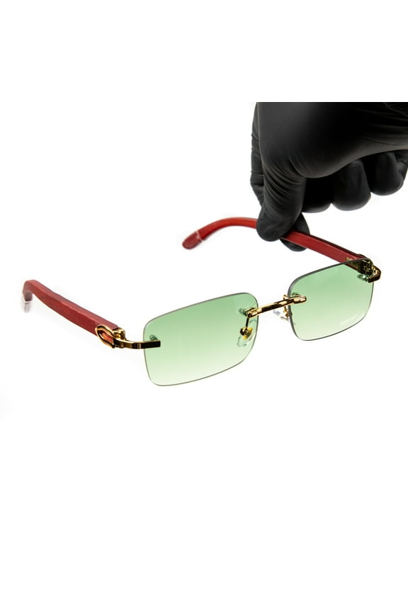 Green Tint Rimless Woodgrain Mens Women's Retro 90's Hip Hop Sunglasses