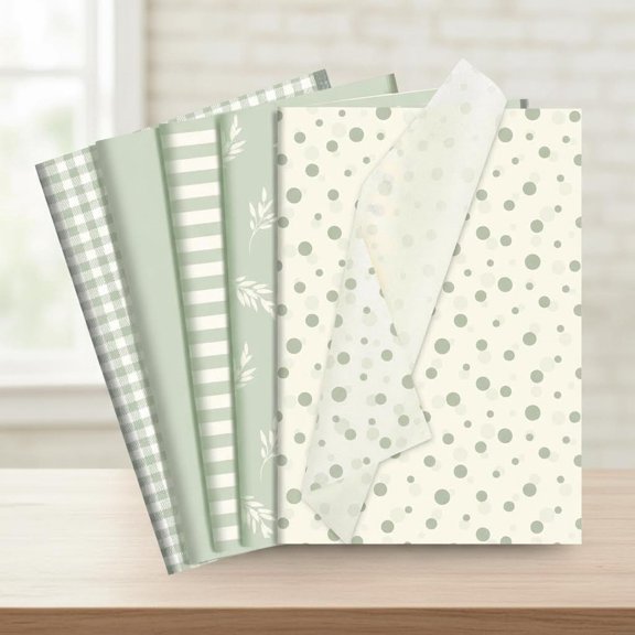 Green Tissue Paper for Gift Bags, Sage Green Gift Tissue Paper Bulk with Botanical Stripe Dot for Spring Easter Wedding DIY Crafts