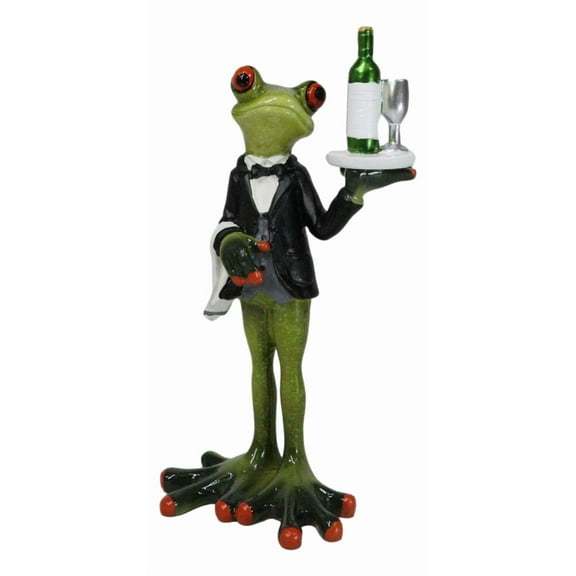 Green Toad Frog Silver Service Butler With Wine Glass And Bottle Figurine 7"H