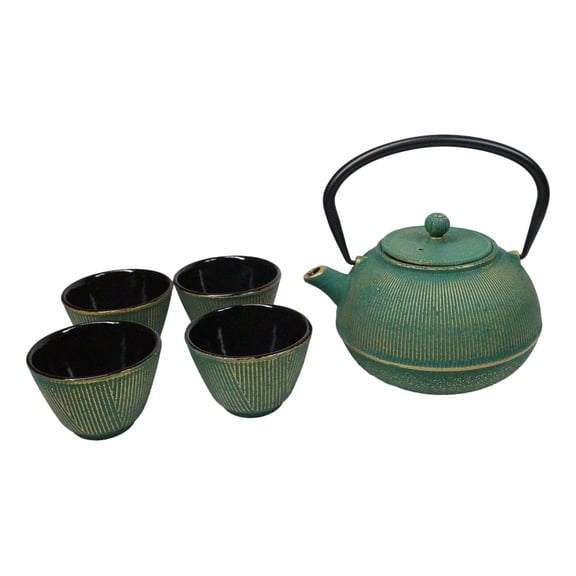 Green Tokusa Gold Streaks Tetsubin 27oz Cast Iron Tea Pot With 4 Cups Set
