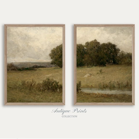 Green Tones Landscape Split Countryside Rustic Farmhouse Wall Art Set 2 Stretched Canvas 12x18