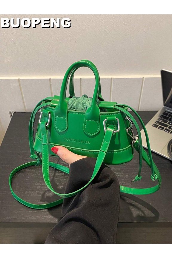 Green Top Handle Mini Bucket Bag With Drawstring Closure And Adjustable
