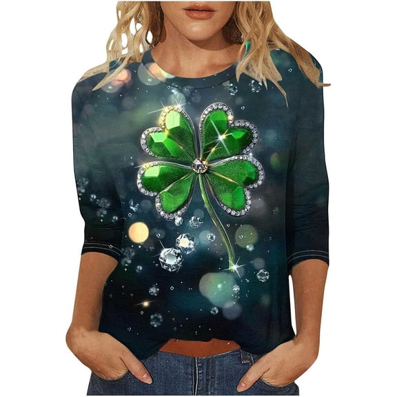 Green Top for Womens Round Neck 3/4 Sleeve T Shirt Everyday Wear for St. Patrick'S Day Celebration A-Dark Gray 6XL