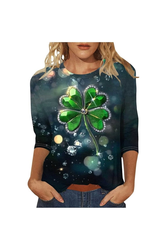 Green Top for Womens Round Neck 3/4 Sleeve T Shirt Everyday Wear for St. Patrick'S Day Celebration A-Dark Gray L