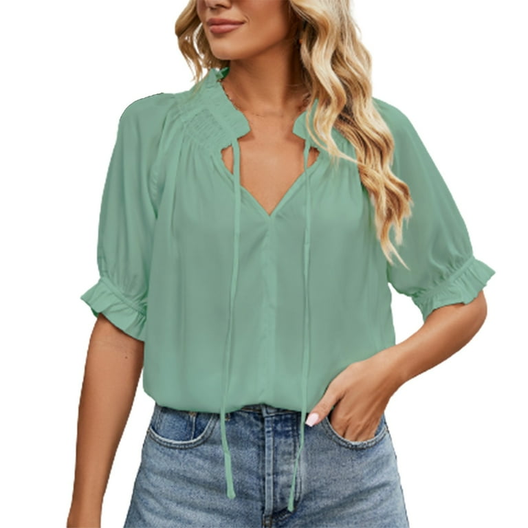 Green Tops for Women Going Out Tops for Women Women s Round Neck Solid Color Chiffon Lace Short Sleeve Top Going Out Tops for Women Green S