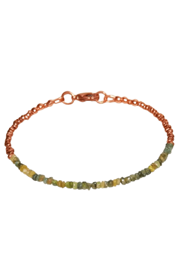 Green Tourmaline 3mm Rondelle Shape Rough Cut Beads 7 inch Rose Gold Plated Clasp Bracelet for men, women, unisex. Link Chain Stacking Bracelet.|LINK_03599