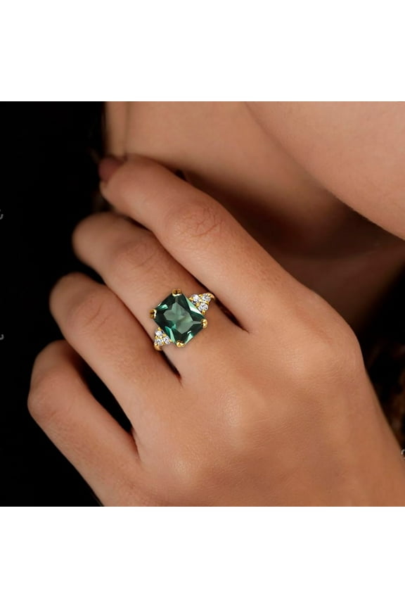 Green Tourmaline Ring - Statement Ring - Gold Ring - Engagement Ring - Rectangle Ring - Cocktail Ring - Gemstone Ring - Prong Ring