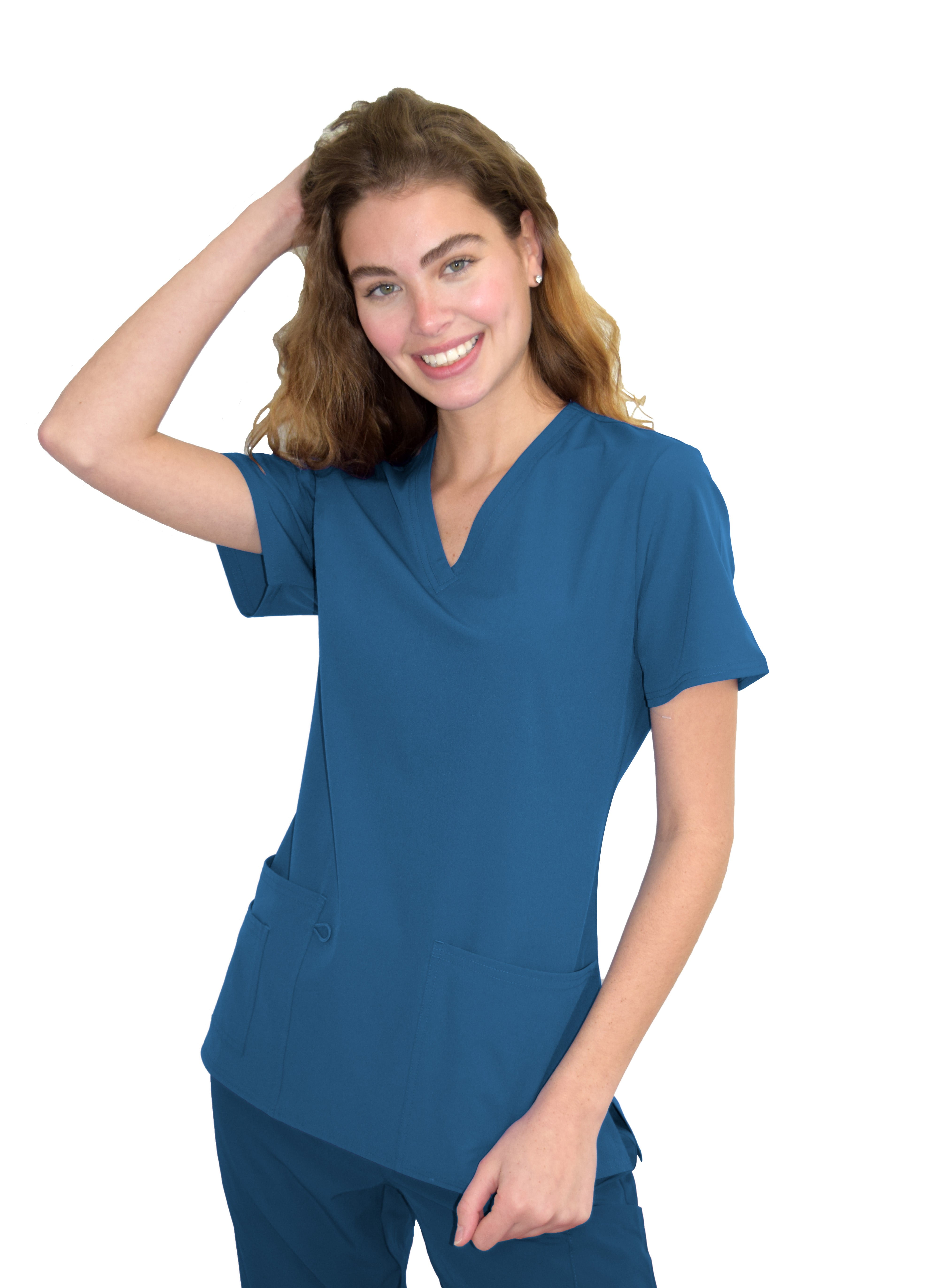 Green Town Scrubs for Women - 4 Pocket V-Neck Scrub Top, Stretch Fabric,  Easy Care Uniforms 