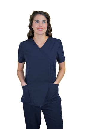 Scrubs for Women - Mock Wrap V-Neck Scrub Top, 3 Pockets, Lightweight, Stretch Fabric, Easy Care