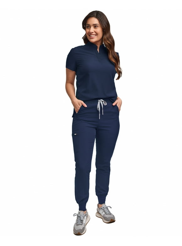 Scrubs for Women Scrub Set - Slim Fit Jogger Pant and Mandarin Collar Tuck-In Top, Easy Care Uniform