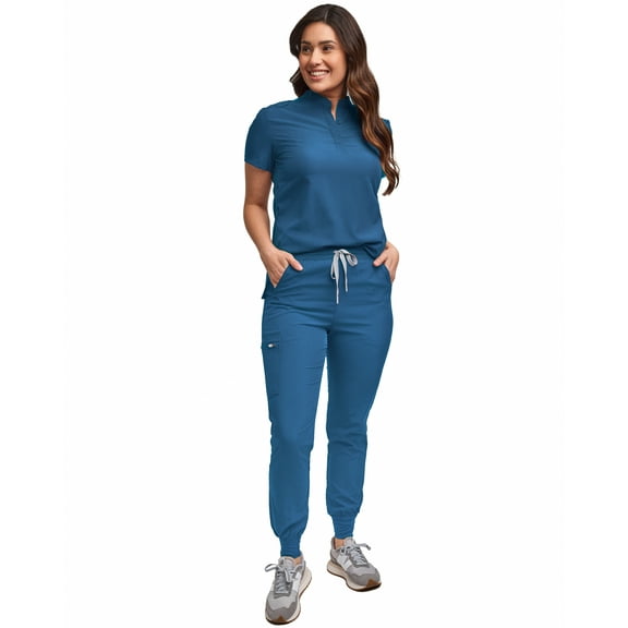 Green Town Scrubs for Women Scrub Set - Slim Fit Jogger Pant and Mandarin Collar Tuck-In Top, Easy Care Uniform