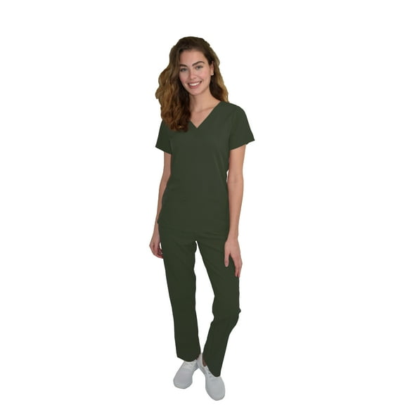 Green Town Scrubs for Women Scrub Set - V-Neck Top and Straight Leg Pant, 5 Pockets, Easy Care, Solids and Prints Uniforms