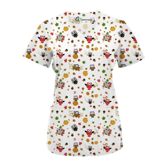 Green Town Scrubs for Women V-Neck Scrub Top - Christmas Thanksgiving Halloween Holiday Prints