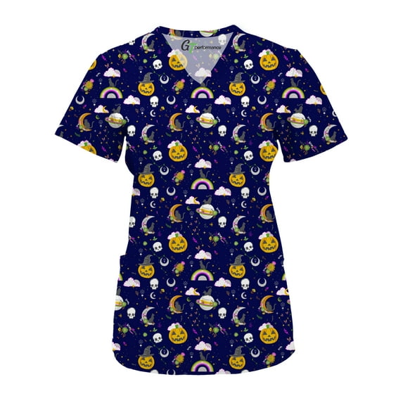 Green Town Scrubs for Women V-Neck Scrub Top - Christmas Thanksgiving Halloween Holiday Prints