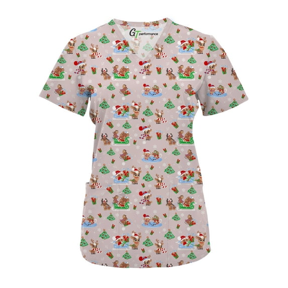 Green Town Scrubs for Women V-Neck Scrub Top - Christmas Thanksgiving Halloween Holiday Prints