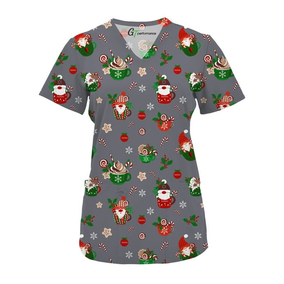 Green Town Scrubs for Women V-Neck Scrub Top - Christmas Thanksgiving Halloween Holiday Prints