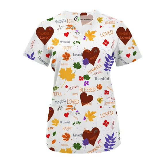 Green Town Scrubs for Women V-Neck Scrub Top - Christmas Thanksgiving Halloween Holiday Prints